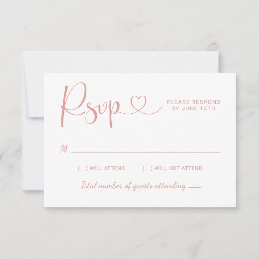 Modern Roos Gold Heart Calligraphy Script Wedding RSVP Kaartje (Voorkant)