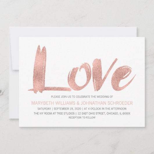 Modern Roos Gold Love bruiloft uitnodiging (Voorkant)