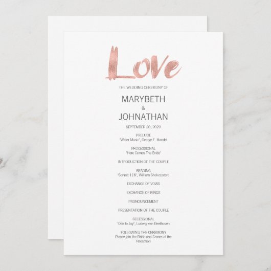 Modern Roos Gold Love Wedding Programme Programmakaart (Voorkant / Achterkant)