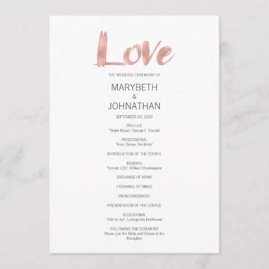 Modern Roos Gold Love Wedding Programme Programmakaart (Voorkant)