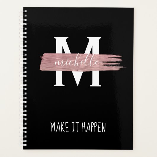 Modern Roos Gold Monogram & Motivation Black Planner (Voorkant)