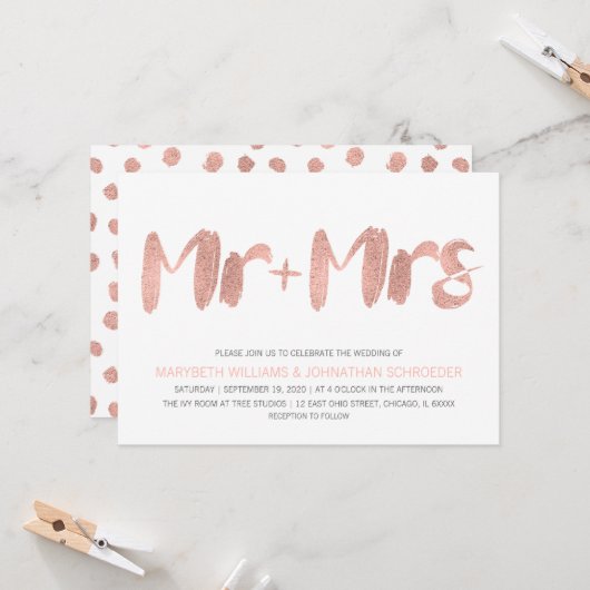 Modern Roos Gold Mr. en Mrs. Wedding Invitation Kaart (Voorkant / Achterkant in situ)