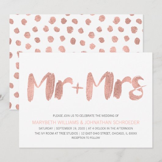 Modern Roos Gold Mr. en Mrs. Wedding Invitation Kaart (Voorkant / Achterkant)