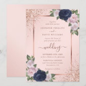 Modern Roos Gold Navy Blue Blush Bloemen Huwelijk Kaart (Voorkant / Achterkant)