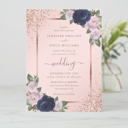 Modern Roos Gold Navy Blue Blush Bloemen Huwelijk Kaart (Staand voorkant)