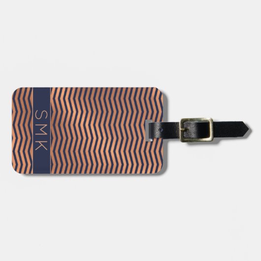 Modern Roos Gold Navy Blue Chevron Monogram Bagagelabel (Voorkant horizontaal)