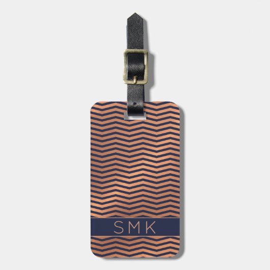 Modern Roos Gold Navy Blue Chevron Monogram Bagagelabel (Voorkant verticaal)