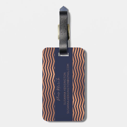 Modern Roos Gold Navy Blue Chevron Monogram Bagagelabel (Achterkant verticaal)