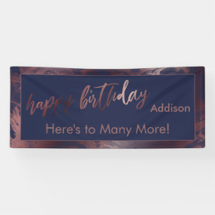 Modern Roos Gold Navy Blue Marble Happy Birthday Spandoek