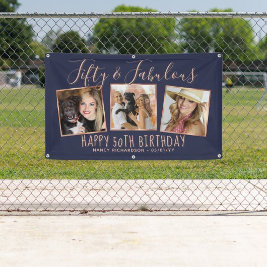 Modern Roos Gold Navy fotocollage 50e verjaardag Spandoek (Insitu)