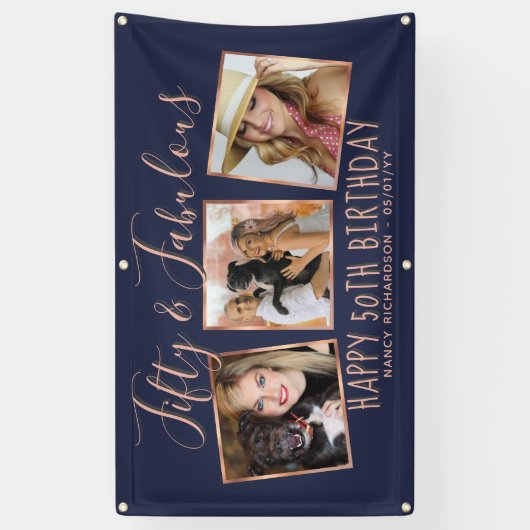 Modern Roos Gold Navy fotocollage 50e verjaardag Spandoek (Verticaal)