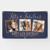 Modern Roos Gold Navy fotocollage 50e verjaardag Spandoek (Horizontaal)