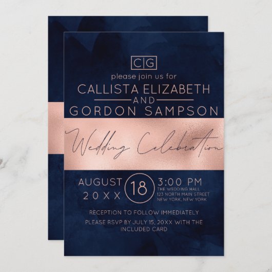 Modern Roos Gold Navy Stripe Waterverf bruiloft Kaart (Voorkant / Achterkant)