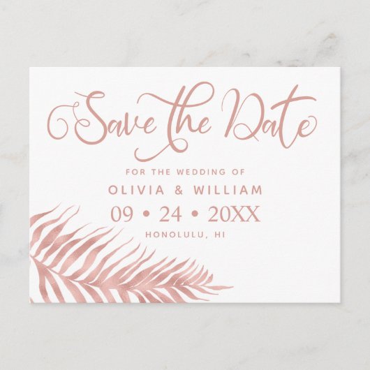 Modern Roos Gold Palm Leaf Wedding Aankondigingskaart (Voorkant)
