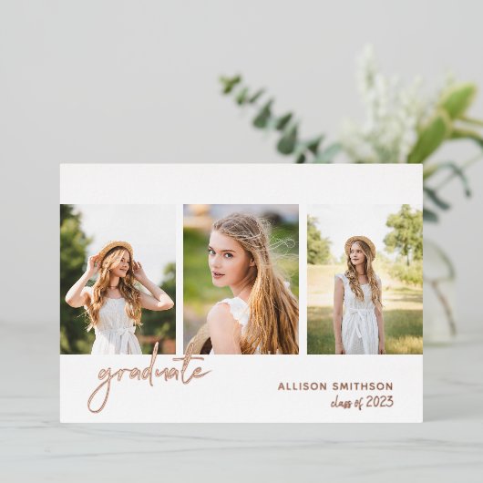 Modern Roos Gold Photo Afstuderen Folie Uitnodiging (Staand Voorkant)