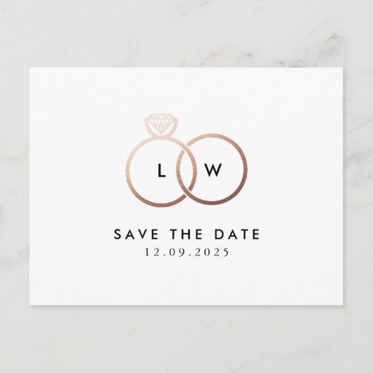Modern Roos Gold Ring Monogram Save the Date Briefkaart (Voorkant)