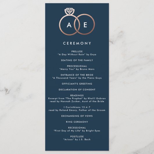 Modern Roos Gold Rings Marineblauw trouwprogramma Programmakaart (Voorkant)