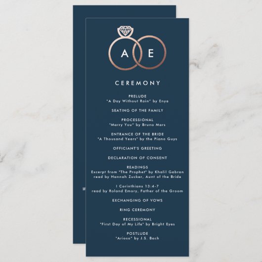 Modern Roos Gold Rings Marineblauw trouwprogramma Programmakaart (Voorkant / Achterkant)