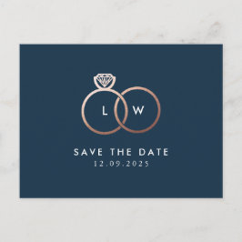 Modern Roos Gold Rings Monogram Navy Save the Date Briefkaart