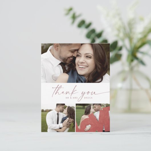 Modern Roos Gold Script 3 Foto Collage Wedding Bedankkaart (Staand voorkant)