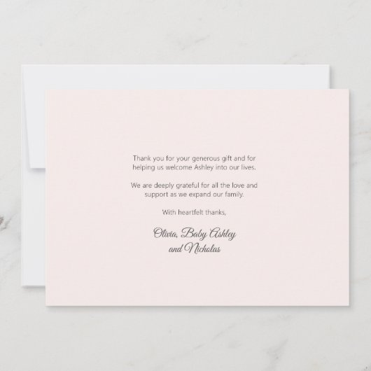 Modern Roos Gold Script Baby Foto Dank je kaart (Achterkant)