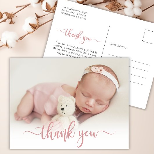 Modern Roos Gold Script Baby Foto dank u Briefkaart