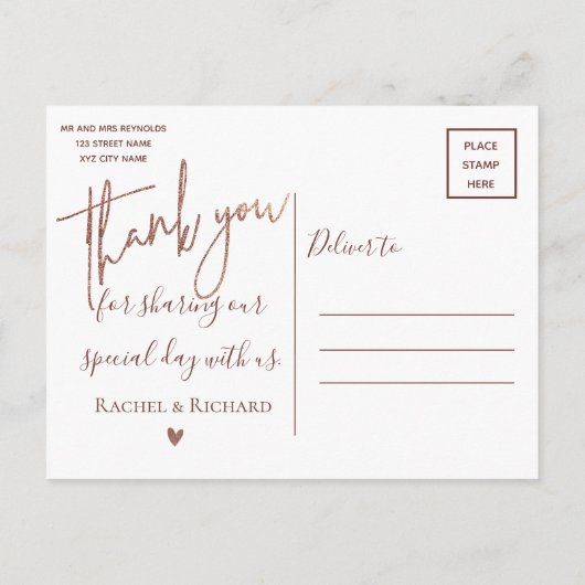 Modern Roos Gold Script Foto bruiloft Dank u Briefkaart (Achterkant)