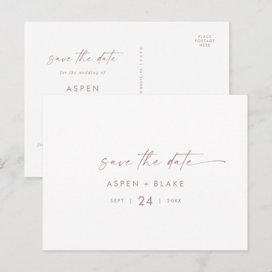 Modern Roos Gold Script horizontaal sparen de Datu Uitnodiging Briefkaart (Voorkant / Achterkant)