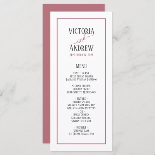 Modern Roos Gold Script minimal bruiloft Menu (Voorkant / Achterkant)