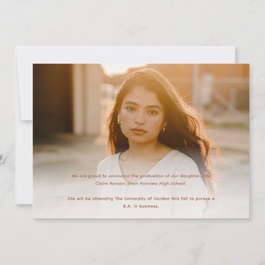 Modern Roos Gold Script Photo Afstuderen Aankondiging (Achterkant)