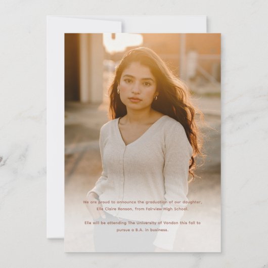 Modern Roos Gold Script Photo Afstuderen Aankondiging (Achterkant)