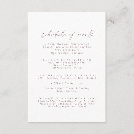 Modern Roos Gold Script Wedding Schedule of Events Informatiekaartje (Voorkant)