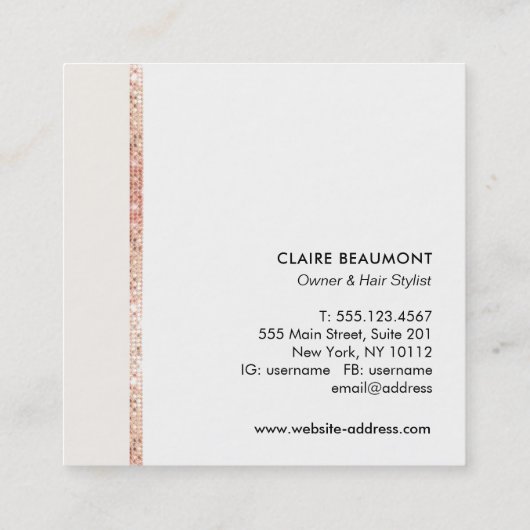 Modern Roos Gold Sequin Beauty Salon Foto Vierkante Visitekaartje (Achterkant)