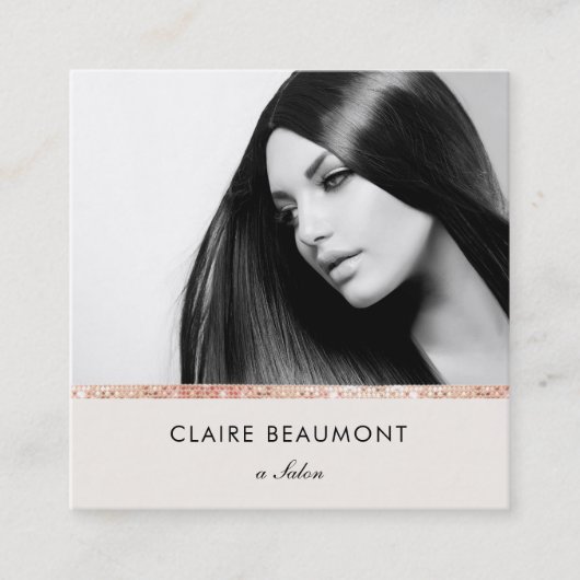 Modern Roos Gold Sequin Beauty Salon Foto Vierkante Visitekaartje (Voorkant)