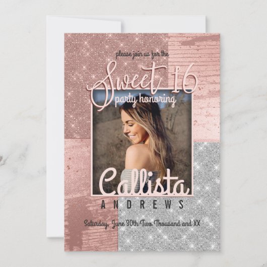Modern Roos Gold Silver Glitter Foto Sweet 16 Kaart (Voorkant)
