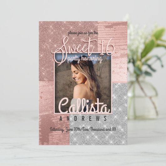 Modern Roos Gold Silver Glitter Foto Sweet 16 Kaart (Staand voorkant)