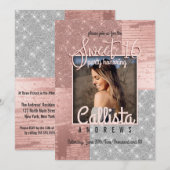 Modern Roos Gold Silver Glitter Foto Sweet 16 Kaart (Voorkant / Achterkant)