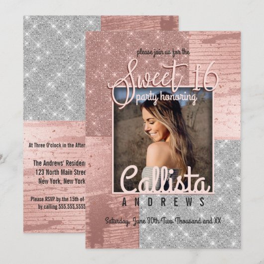 Modern Roos Gold Silver Glitter Foto Sweet 16 Kaart (Voorkant / Achterkant)