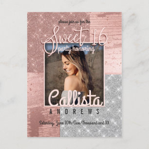 Modern Roos Gold Silver Glitter Foto Sweet 16 Uitnodiging Briefkaart