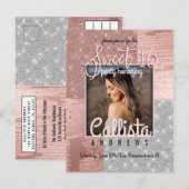 Modern Roos Gold Silver Glitter Foto Sweet 16 Uitnodiging Briefkaart (Voorkant / Achterkant)