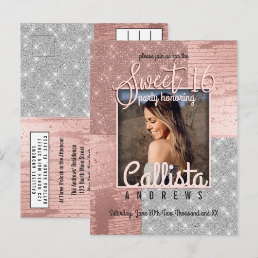 Modern Roos Gold Silver Glitter Foto Sweet 16 Uitnodiging Briefkaart (Voorkant / Achterkant)
