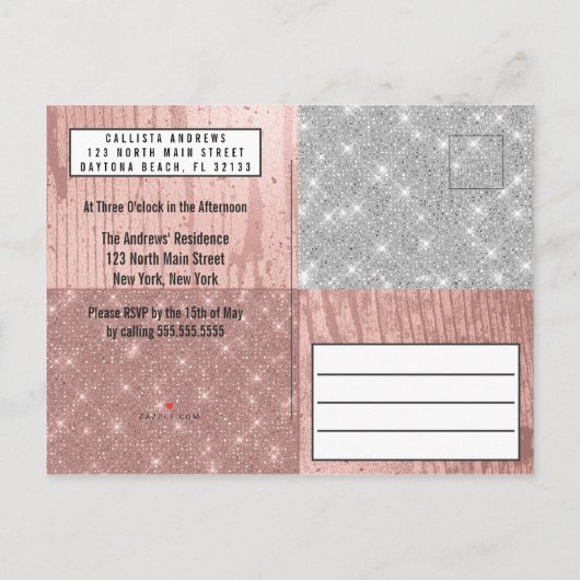 Modern Roos Gold Silver Glitter Foto Sweet 16 Uitnodiging Briefkaart (Achterkant)