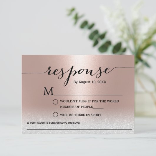 Modern Roos Gold Song Request Wedding RSVP (Staand voorkant)