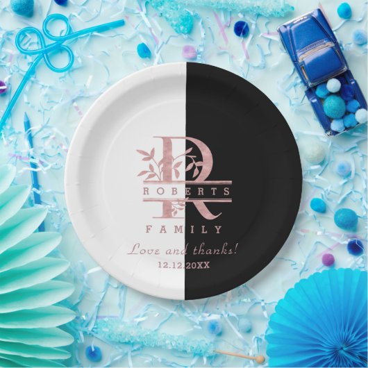 Modern Roos Gold Split Custom Monogram R Papieren Bordje (Feest)