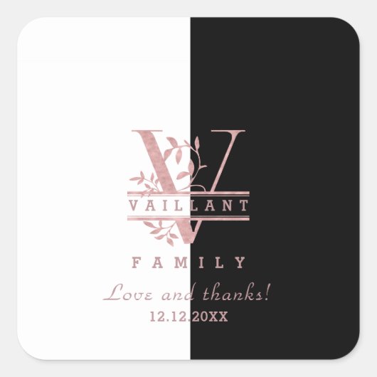 Modern Roos Gold Split Custom Monogram V Vierkante Sticker (Voorkant)