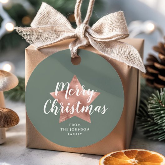 Modern Roos Gold Star Sage Green Christmas Bedankjes Labels