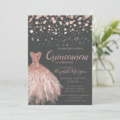 Modern Roos Gold Stippen, Dress Grey Quinceañera Kaart (Staand voorkant)