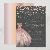 Modern Roos Gold Stippen, Dress Grey Quinceañera Kaart (Voorkant / Achterkant)