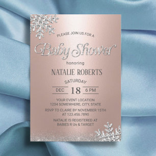 Modern Roos Gold Winter Snowflakes Baby shower Kaart