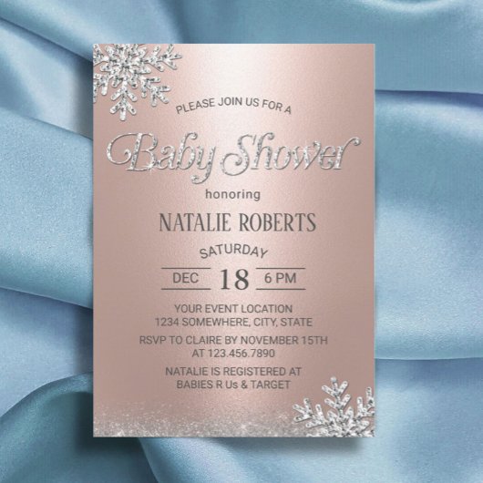 Modern Roos Gold Winter Snowflakes Baby shower Kaart